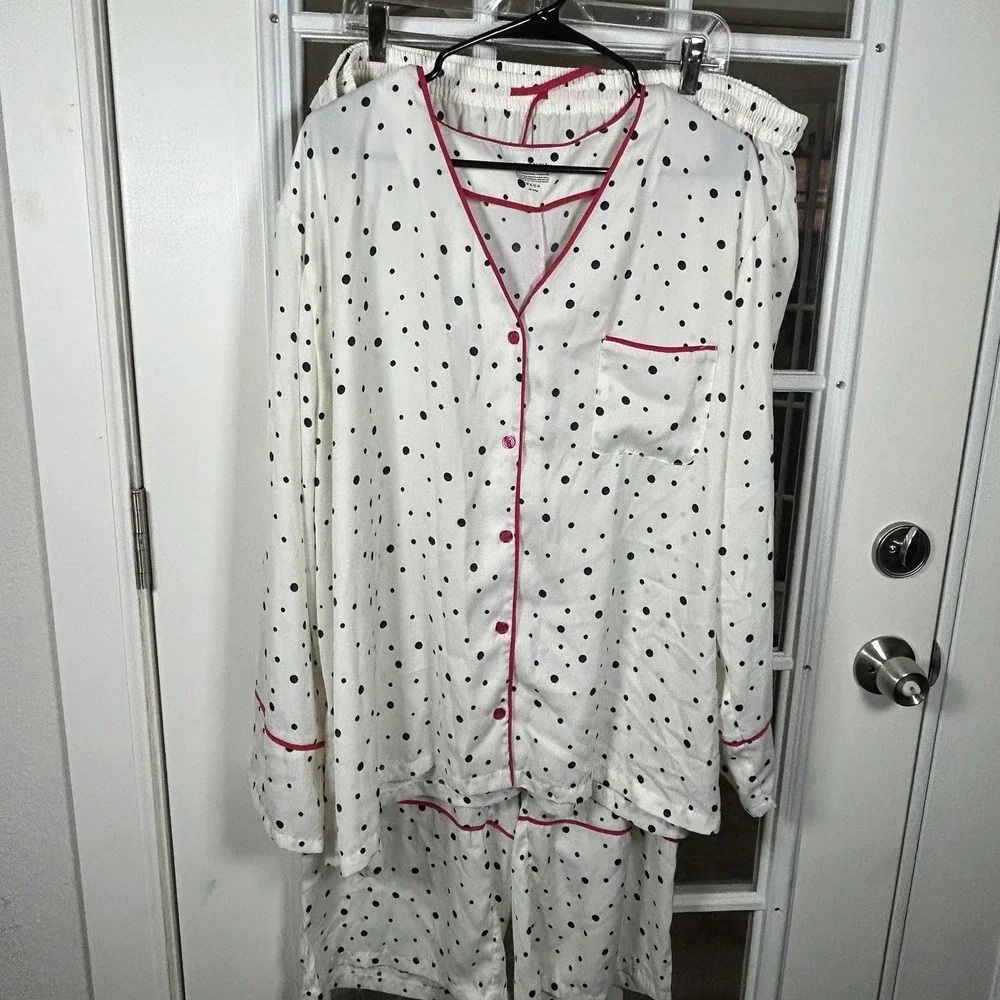 Summersalt‎ Polka Dot Satin Pajama Set White Navy Pink Piping 2XL Loungewear